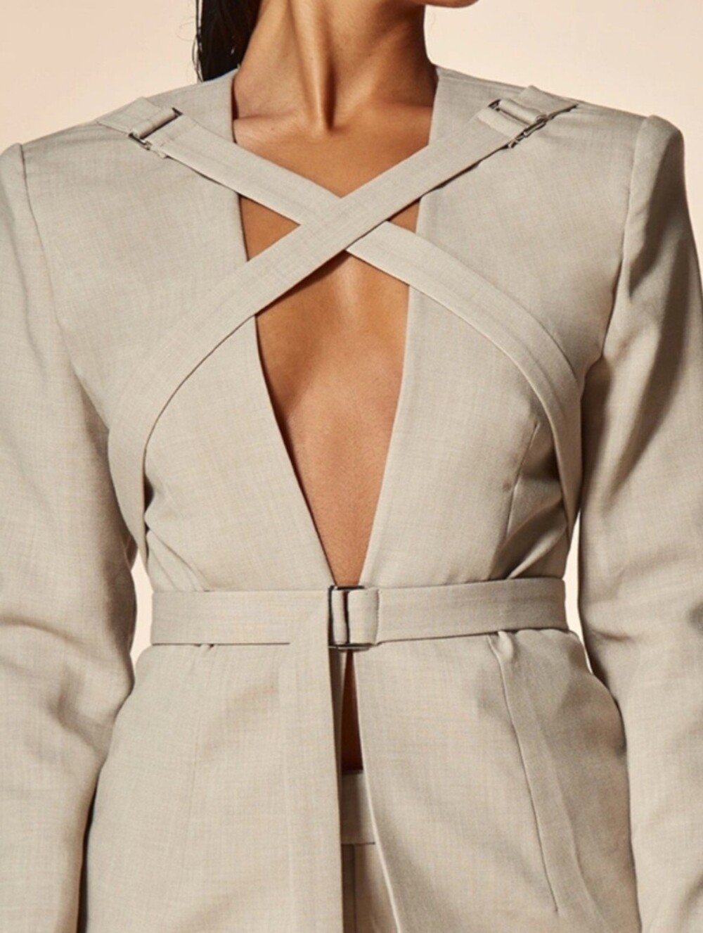 PrettyLittleThing LABEL Cross Over Strap Oatmeal Blazer 6